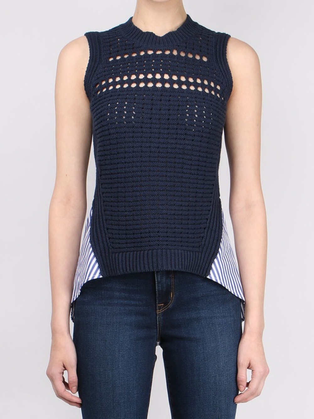 Veronica Beard Navy Knit Sleeveless Mixed-Media Tank